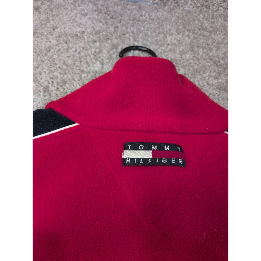 Tommy Hilfiger Mens XL Red Quarter Zip Fleece Pullover Navy White Stripe Vintage
